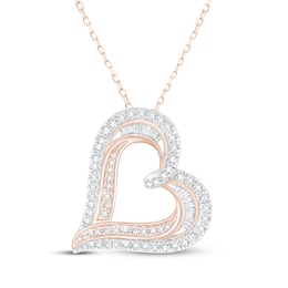 Baguette & Round-Cut Diamond Tilted Heart Necklace 1 ct tw 10K Rose Gold 18&quot;