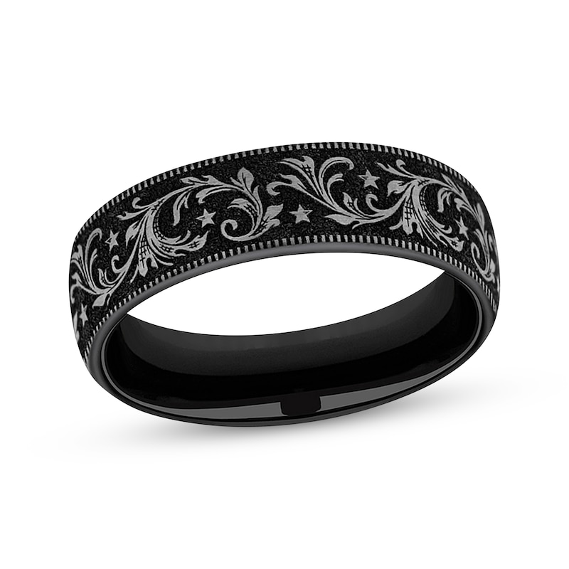 Main Image 1 of Now + Forever Men's Scrollwork Pattern Wedding Band Black Matte Titanium 6.5mm