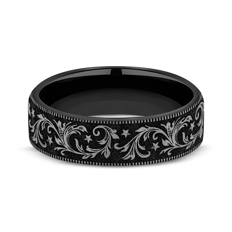 Main Image 3 of Now + Forever Men's Scrollwork Pattern Wedding Band Black Matte Titanium 6.5mm