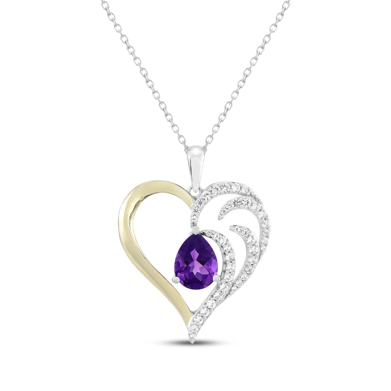 Main Image 1 of Pear-Shaped Amethyst & White Lab-Created Sapphire Heart Necklace Sterling Silver & 10K Yellow Gold 18&quot;