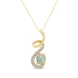 Oval-Cut Opal & Diamond Ribbon Necklace 1/20 ct tw 10K Yellow Gold 18&quot;