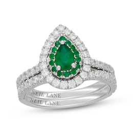 Neil Lane Pear-Shaped Natural Emerald & Diamond Halo Bridal Set 3/4 ct tw 14K White Gold