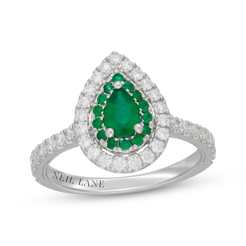 Main Image 1 of Neil Lane Pear-Shaped Natural Emerald & Diamond Double Halo Engagement Ring 1/2 ct tw 14K White Gold