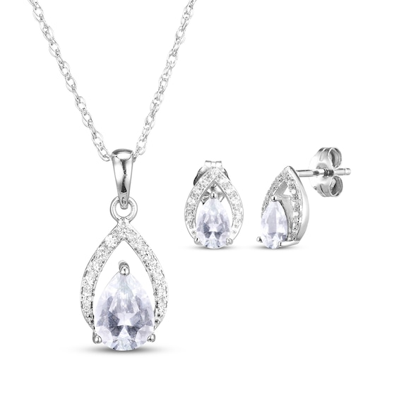 Pear-Shaped White Lab-Created Sapphire Necklace & Drop Earrings Gift Set Sterling Silver