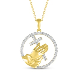 Diamond Cross & Praying Hands Circle Necklace 1/6 ct tw 14K Yellow Gold 18&quot;