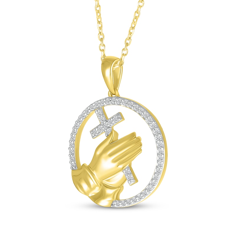 Diamond Cross & Praying Hands Circle Necklace 1/6 ct tw 14K Yellow Gold 18"