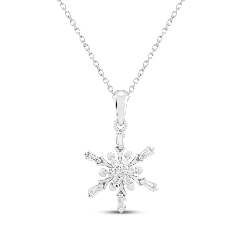 Main Image 1 of Baguette & Round-Cut Diamond Snowflake Necklace 1/4 ct tw 10K White Gold 18&quot;