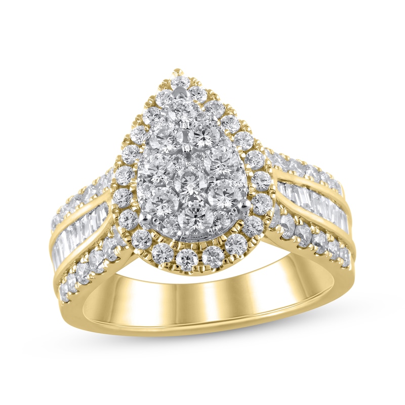 Multi-Diamond Center Pear Frame Engagement Ring 1-1/2 ct tw 14K Yellow ...