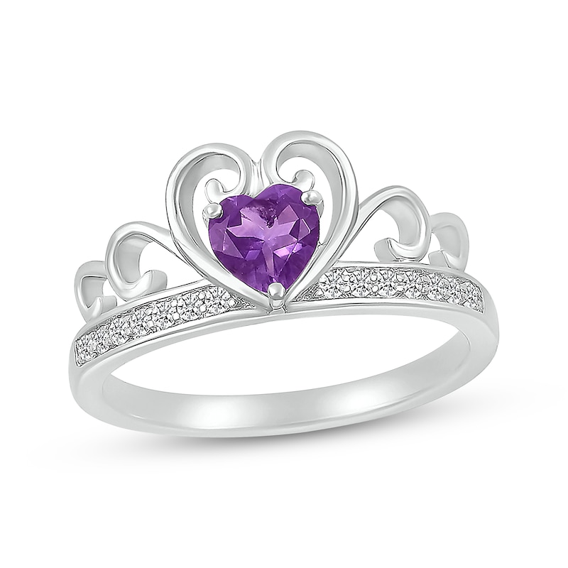 Main Image 1 of Heart-Shaped Amethyst & White Lab-Created Sapphire Tiara Ring Sterling Silver