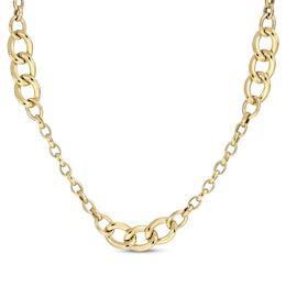 Hollow Rolo & Curb Chain Station Necklace 14K Yellow Gold 18&quot;