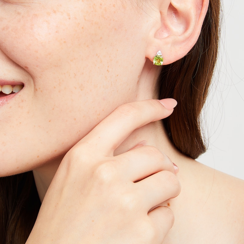 Main Image 4 of Cushion-Cut Peridot & White Lab-Created Sapphire Stud Earrings Sterling Silver