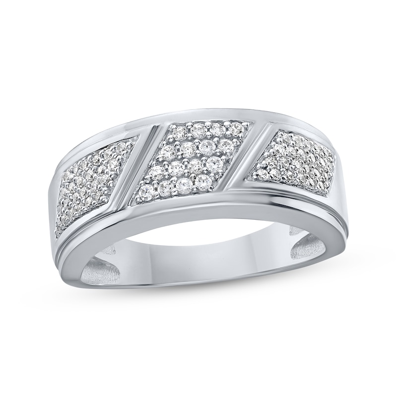 Main Image 1 of Men's Multi-Diamond Diagonal Groove Ring 3/8 ct tw 10K White Gold