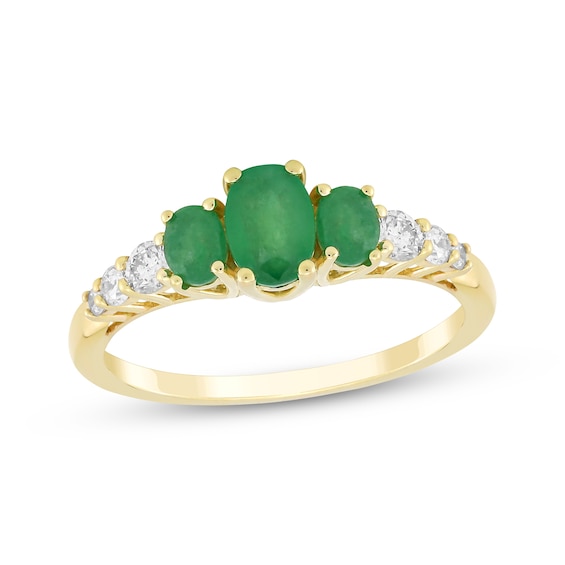 Oval-Cut Natural Emerald & Diamond Three-Stone Ring 1/4 ct tw 10K Yellow Gold