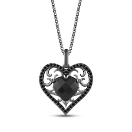 Ink & Ice Heart-Shaped Black Onyx & Black Diamond Necklace 1/6 ct tw Black Rhodium-Plated Sterling Silver 18&quot;