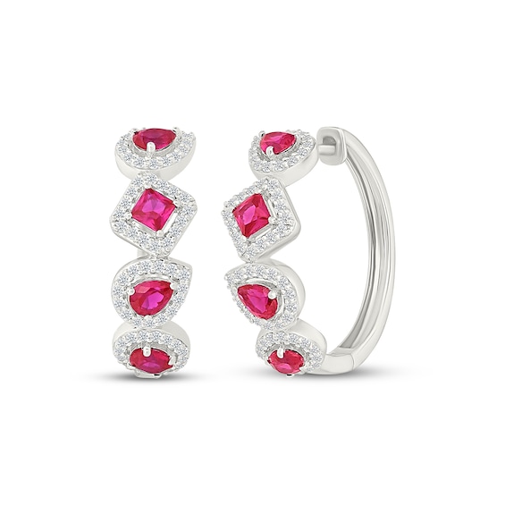 Multi-Shape Lab-Created Ruby & White Lab-Created Sapphire Hoop Earrings Sterling Silver