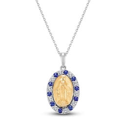 Blue & White Lab-Created sapphire Mary Necklace Sterling Silver/10K Yellow Gold 18&quot;