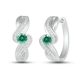 Lab-Created Emerald & White Lab-Created Sapphire Hoop Earrings Sterling Silver