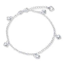 Puffed Heart Anklet Solid Sterling Silver 9"