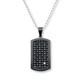 Men's Dog Tag Necklace Diamond Accent Stainless Steel & Leather
