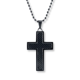 Men's Cross Necklace Black Stainless Steel 22&quot;