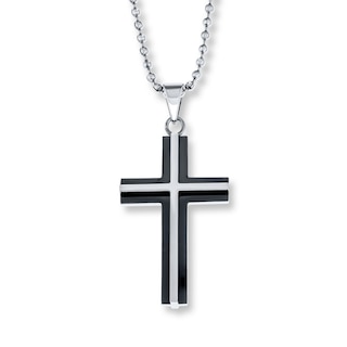 Men's Cross Necklace 1/20 ct tw Black Diamonds Stainless Steel