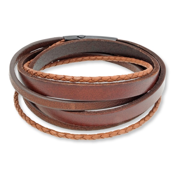 Men's Bracelet Stainless Steel Brown Leather | Kay