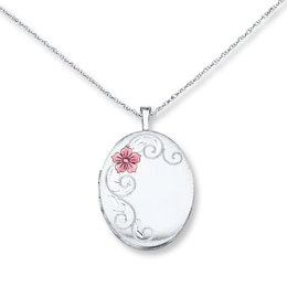 Oval Locket Necklace Flower Sterling Silver