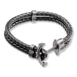 Men's Anchor Bracelet Leather & Stainless Steel 8.5&quot;