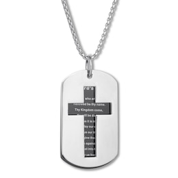 Dog Tag Cross Necklace Black Ion-Plated Stainless Steel 24&quot;
