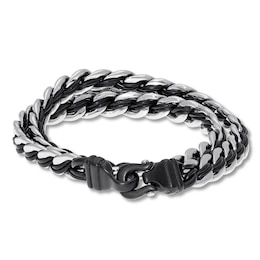 Men's Double Wrap Leather and Stainless Steel Bracelet 16.25&quot;