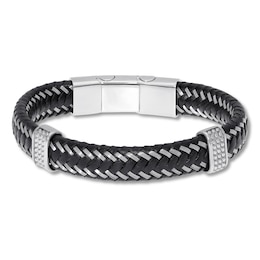 Men's Leather Bracelet Stainless Steel 8.75&quot;