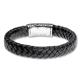 Men's Black Leather Bracelet Stainless Steel 8.5&quot;