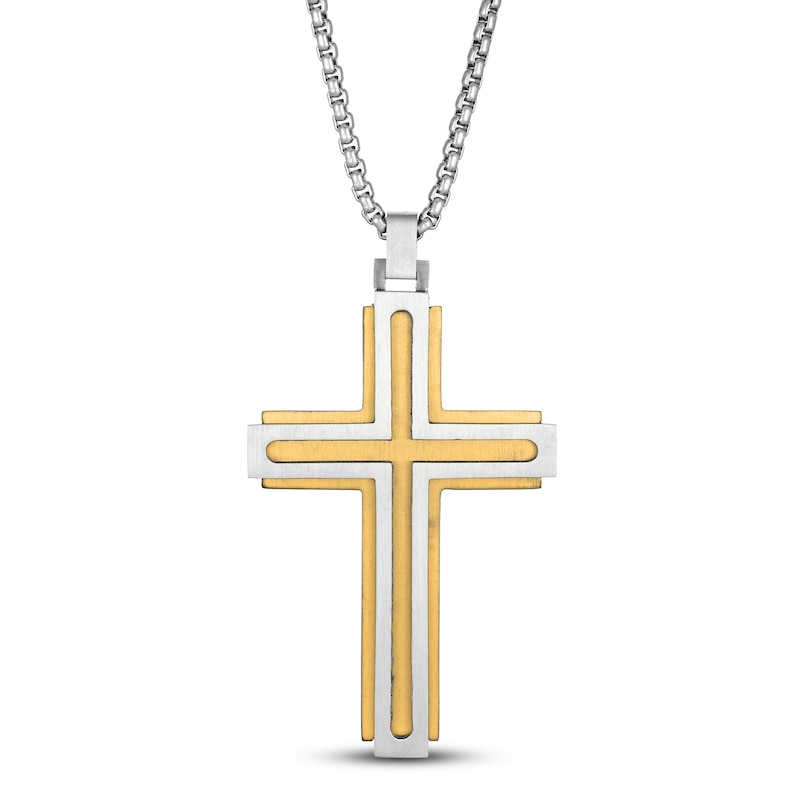 Main Image 1 of Men's Cross Necklace Gold Ion Plating Stainless Steel 24&quot;