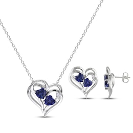 Blue Lab-Created Sapphire & Diamond Double Heart Gift Set 1/20 ct tw Sterling Silver