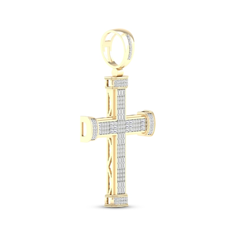 Main Image 2 of Men's Baguette & Round-Cut Diamond Cross Charm 3/4 ct tw 10K Yellow Gold