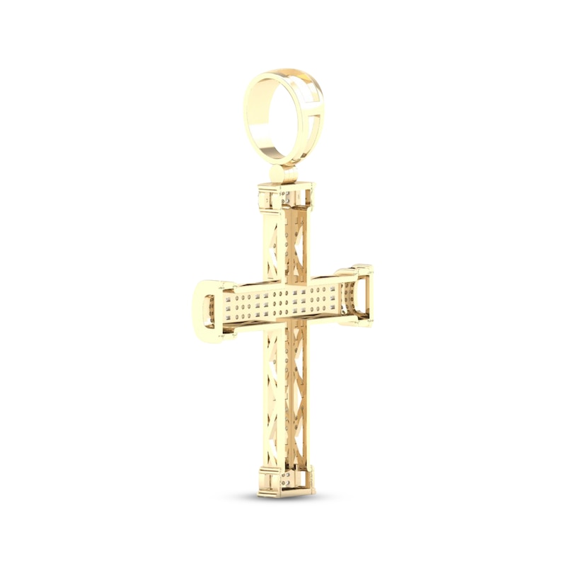 Main Image 3 of Men's Baguette & Round-Cut Diamond Cross Charm 3/4 ct tw 10K Yellow Gold