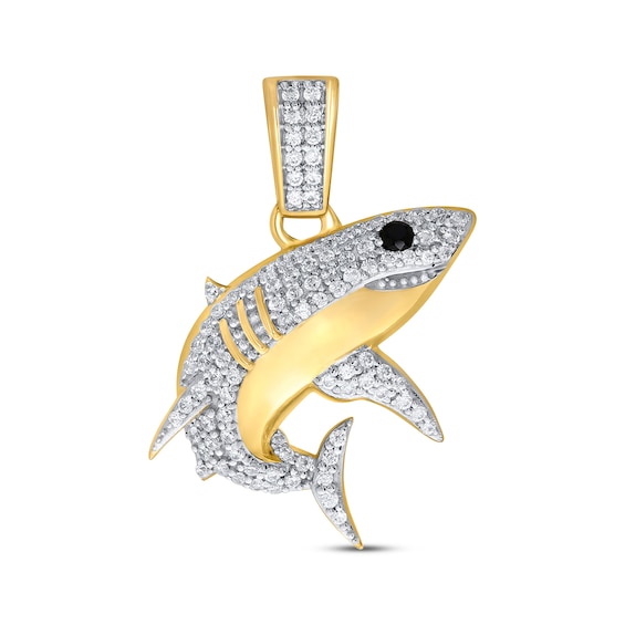 Men's White & Black Diamond Shark Charm 14K Yellow Gold-Plated Sterling Silver