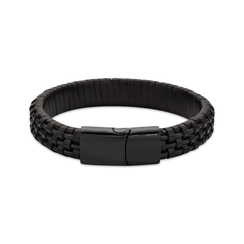 Main Image 2 of Men's Brown Leather Woven Bracelet Black Ion-Plated Stainless Steel 8.5&quot;