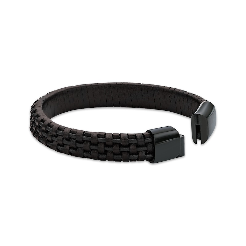 Main Image 3 of Men's Brown Leather Woven Bracelet Black Ion-Plated Stainless Steel 8.5&quot;