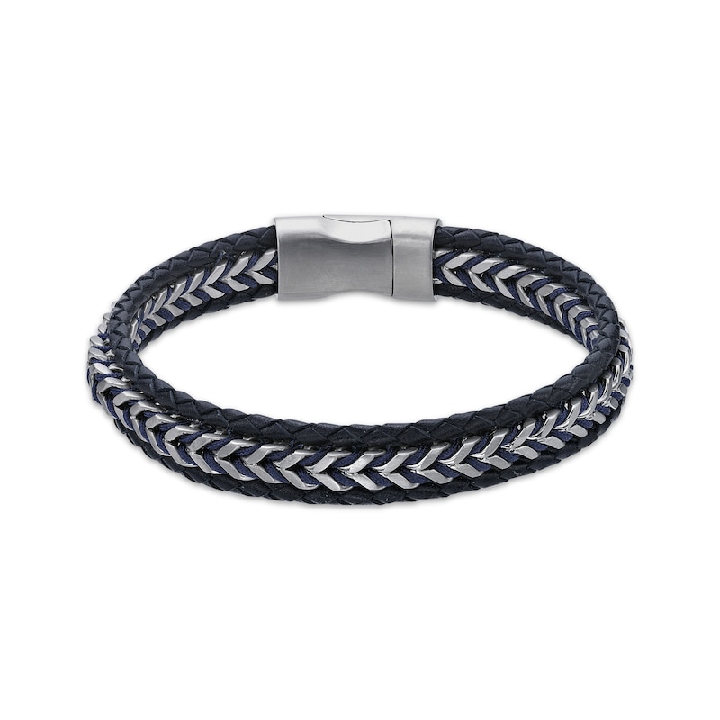 Men's Double Wrap Leather and Stainless Steel Bracelet 16.25