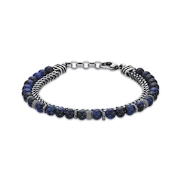 Men's Blue Tiger's Eye Bead & Foxtail Chain Bracelet Stainless Steel 8.5&quot;