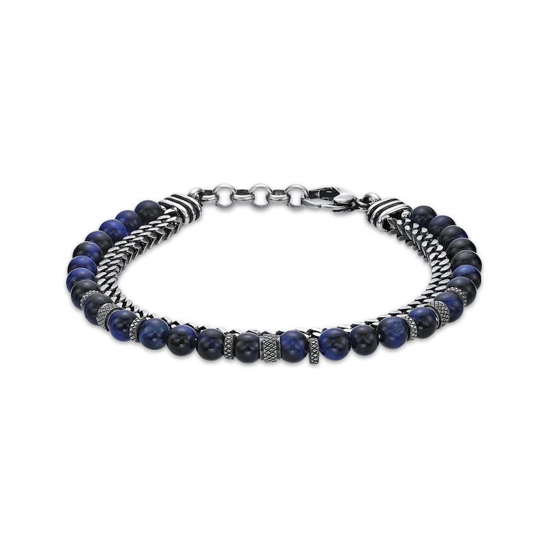 Main Image 1 of Men's Blue Tiger's Eye Bead & Foxtail Chain Bracelet Stainless Steel 8.5&quot;