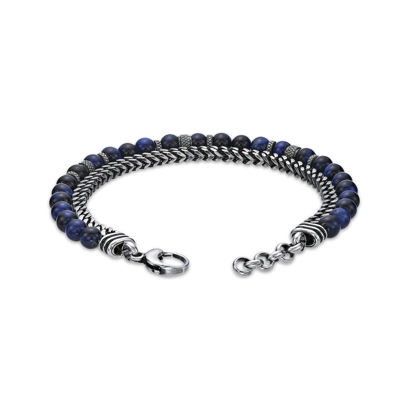 Main Image 3 of Men's Blue Tiger's Eye Bead & Foxtail Chain Bracelet Stainless Steel 8.5&quot;