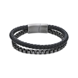 Men's Black Braided Leather & Chain Layered Bracelet Stainless Steel 8.75&quot;