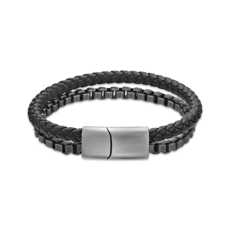 Main Image 2 of Men's Black Braided Leather & Chain Layered Bracelet Stainless Steel 8.75&quot;