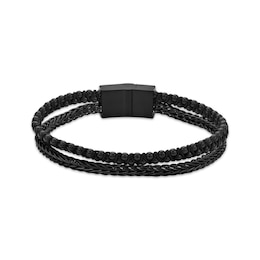 Men's Two Row Leather Bracelet Black Ion-Plated Stainless Steel 8.5&quot;