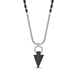 Men's Black Agate Arrowhead Necklace Stainless Steel 24&quot;