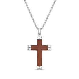 Wood Inlay Capped Ends Cross Necklace Stainless Steel 24&quot;