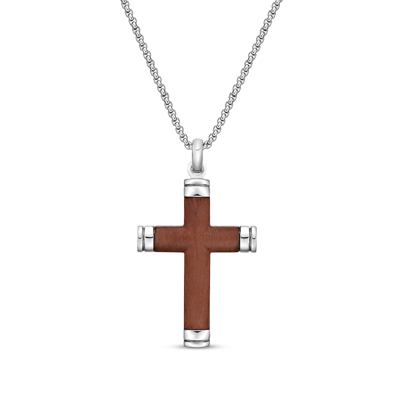 Wood Inlay Capped Ends Cross Necklace Stainless Steel 24"