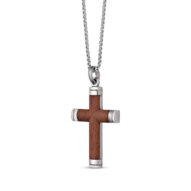 Wood Inlay Capped Ends Cross Necklace Stainless Steel 24"